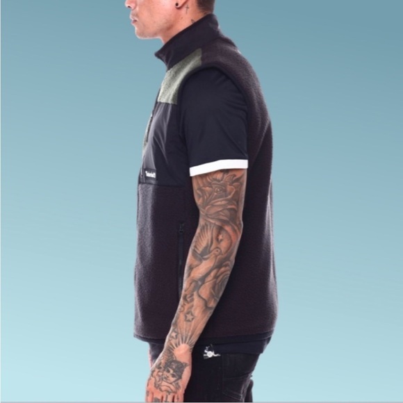 Timberland Mens Fleece Vest Green/Black Color Block Pockets Mock Neck SZ Large - Picture 3 of 11